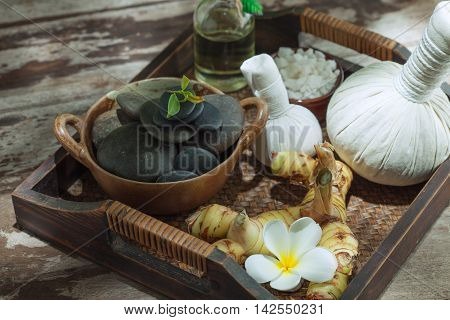 close up view of spa theme objects on color back