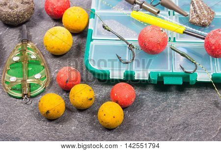 Carp Hook Boilies And Fishing Equipment - Close Up.