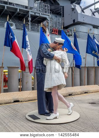 OAHU, HI - AUG 5, 2016: The USS Missouri battleship on August 5, 2016 in Pearl Harbor, USA. Site of the treaty signing ending WWII between the US and Japan, is now berthed in Pearl Harbor.