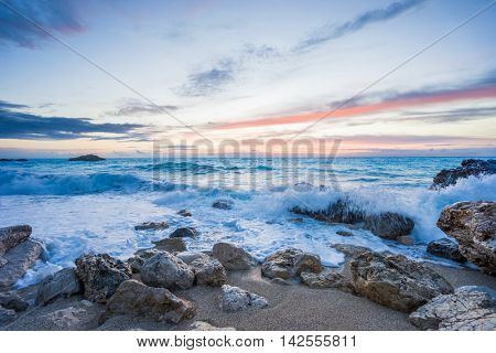 Kathisma beach, Lefkada, lefkas island Greece at sunset.