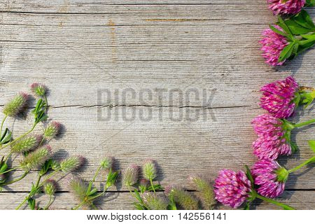 decorative ikebana with flowers of clover and meadow flowers on the wooden surface
