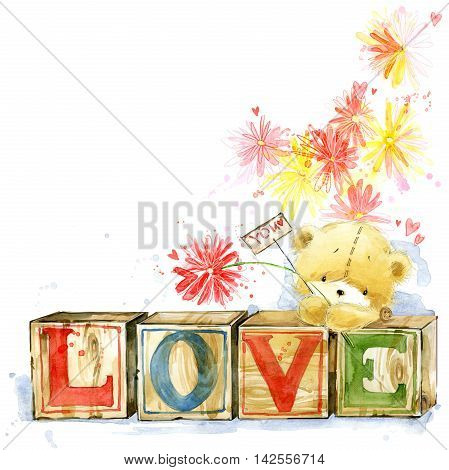 Cute teddy Bear. Love Card. Valentines day Card. Background for greeting card. Watercolor bear illustration.