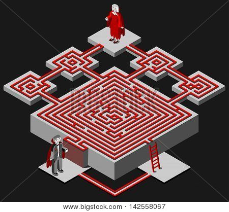 Halloween maze. Vampire man looking vampire wooman. 3D isometric view. Vector illustration.