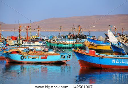 Paracas, Peru-january 26: Colorful Fishing Boats Anchored In Paracas Bay On January 26, 2015  In Par