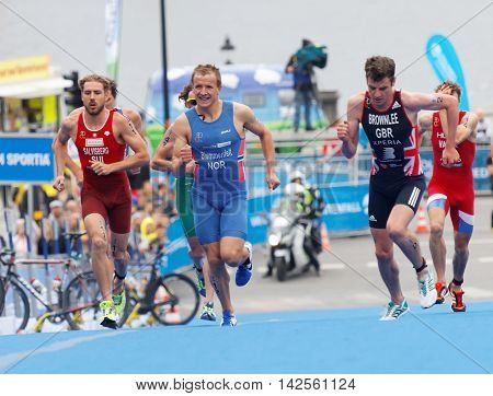 STOCKHOLM - JUL 02 2016: Running triathlete Jonathan Brownlee and competitors in the Men's ITU World Triathlon series event July 02 2016 in Stockholm Sweden
