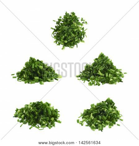 Pile of chopped green onion scallions isolated over the white background, set of five different foreshortenings