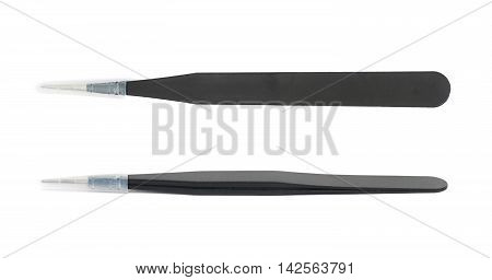 Black metal anti-static tweezers tool isolated over the white background, set of two different foreshortenings