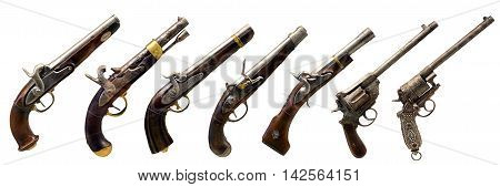 seven old guns collection over white background