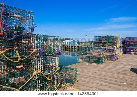 Crab farm and crab cages on Saint George Peninsula Maine USA