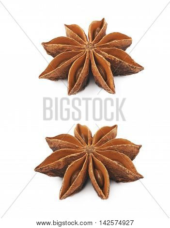 Single Chinese star anise seed isolated over the white background, set of two different foreshortenings