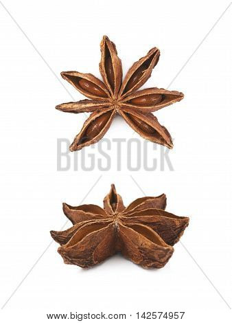 Single Chinese star anise seed isolated over the white background, set of two different foreshortenings