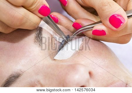 Woman On The Procedure For Eyelash Extensions, Eyelashes Lamination.