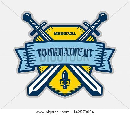 Medieval tournament fight sport vector logo. Knight pirate buccaneer warrior sword mascot. Color badge shirt design.