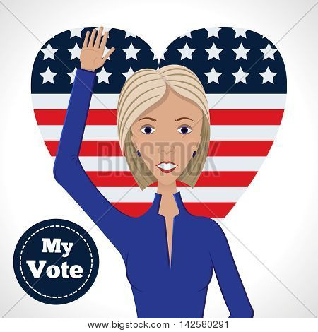 Vector illustration of american election for first woman candidate.Woman orator speech on usa election 2016.First lady president in blue suit with badge My Vote on american flag heart background