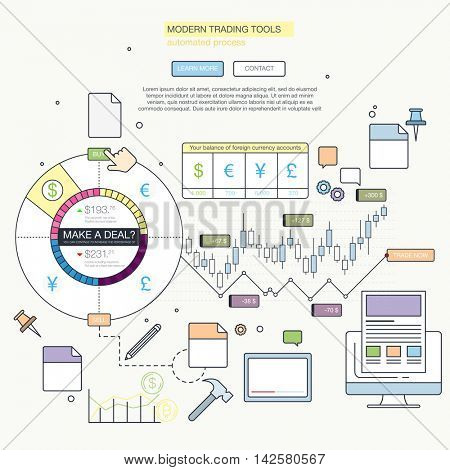 abstract background with different elements. Stock market analysis, finance. Flat style. Global economy. Forex trading tips. Futures market trading. Application for finance and asset trading
