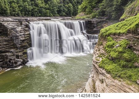 Whitewater splashes over the Lower Falls of the Genesee River in New York's Letchworth State Park.