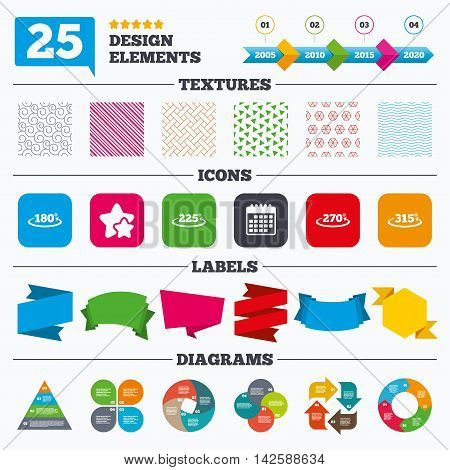 Offer sale tags, textures and charts. Angle 180-315 degrees icons. Geometry math signs symbols. Full complete rotation arrow. Sale price tags. Vector