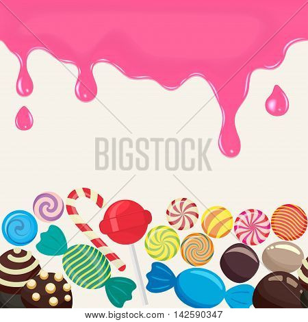 Sweet candy endless in the horizontal illustration for menu design. Culinary wallpaper, caramel lollipop, colored candies collection without wrapper, sugar sweet-stuff vector food design