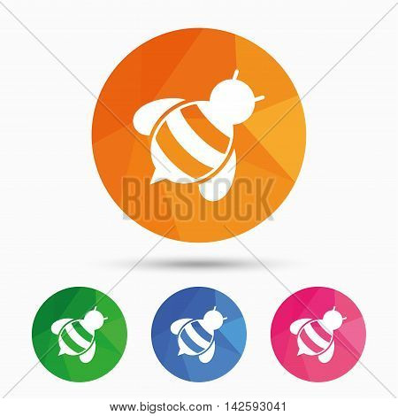 Bee sign icon. Honeybee or apis with wings symbol. Flying insect diagonal. Triangular low poly button with flat icon. Vector