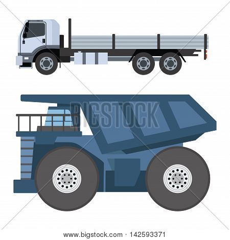 Trucks icons vector shipping cars vehicles cargo transportation by road. Delivery vehicle car shipping trucks and rail car with forklifts. Flat style icons trailer lorry traffic illustration.
