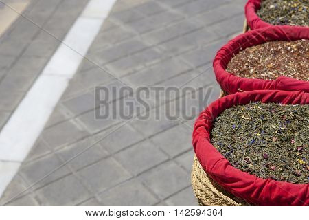 Spices seeds and tea sold in a traditional street market