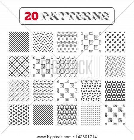 Ornament patterns, diagonal stripes and stars. File document icons. Download file symbol. Edit content with pencil sign. Select file with checkbox. Geometric textures. Vector