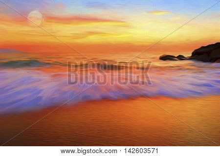 Ocean sunset is a vivid colorful ocean sunset renered in beautiful paint art style.