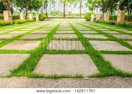 Pattern of square cement floor tiles with green grass blackground.