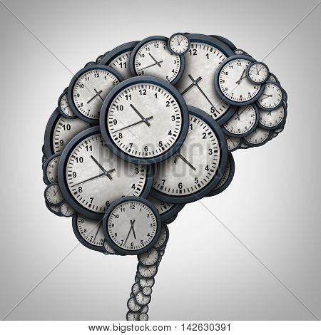 Time brain thinking concept as a group of clock objects shaped as a human mind as a business punctuality and appointment stress metaphor or deadline pressure and overtime icon as a 3D illustration.