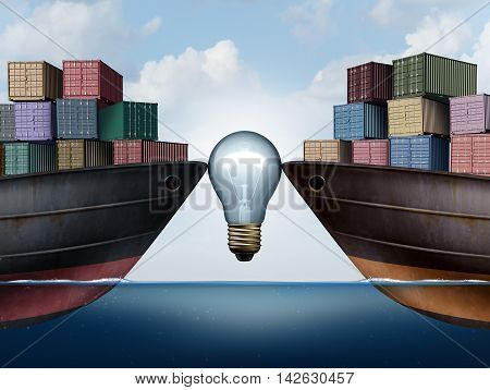 Shipping logistics or trade agreement idea with a lightbulb between two ships carrying cargo freight as a symbol for transport management solutions and export import economic strategies with 3D illustration elements.