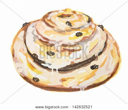 Watercolor cinnamon bun. Pastry art for decoration, cafe or restaurant menu. Isolated roll on white background.