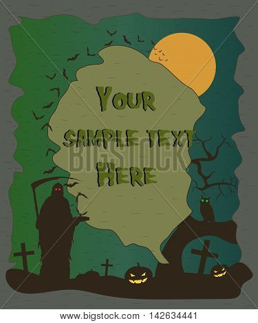 Halloween poster with grim reaper and pumpkins silhouettes. Halloween background. Vector illustration
