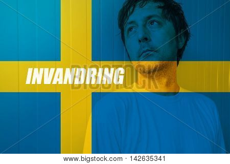 Immigrate to Sweden concept Invandring meaning Immigration in Swedish with man looking for salvation in Scandinavian country
