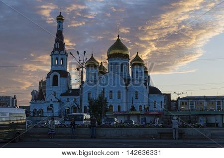Chita RU - Jul 172014: Cathedral of Our Lady of Kazan in sunrise. The main church of city in Vladimir-Suzdal architectural style