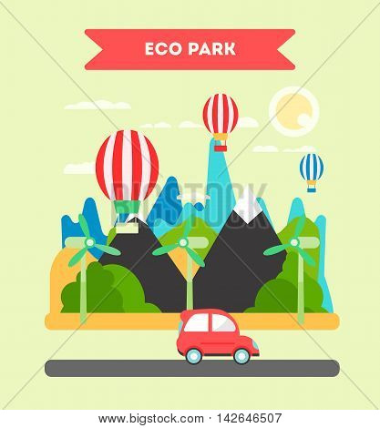 The landscape or the eco park concept with mountains trees air ballons and windmills in a back and car on a road. Vector flat design. Cool cute ilustration