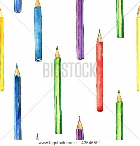 seamless background with color pencis, pattern with school stationery, watercolor drawing template with of art supplies, hand drawn illustration
