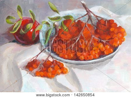 Autumn still life with apple and rowan in plate on a background of white fabric - oil painting on canvas