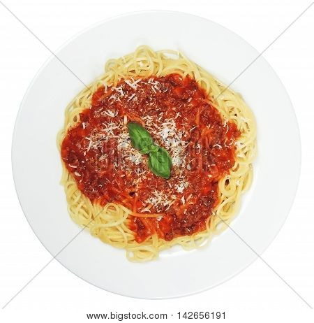 Spaghetti Bolognese, Pasta with tomato sauce on awhile plate, isolated on white background.