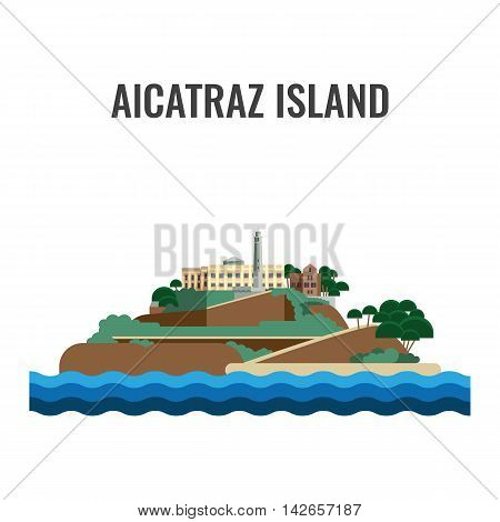 Alcatraz island view from the sea. Colorful vector flat illustration.