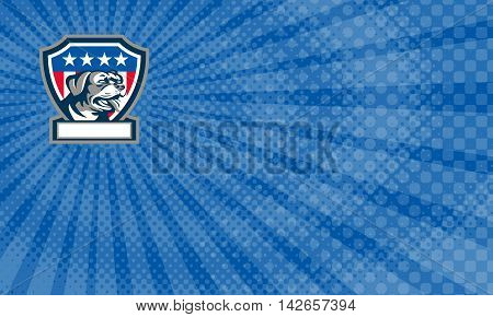 Business card showing Illustration of a Rottweiler Metzgerhund mastiff-dog guard dog head looking to the side set inside shield crest with USA stars and stripes flag in background done in retro style.