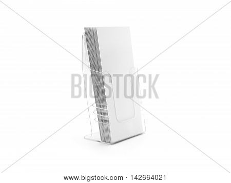 Flyer blue glass plastic holder stand. Brochure Flier mock up for the design presentation isolated on white. Showing leaflets. Text pamphlets design print.