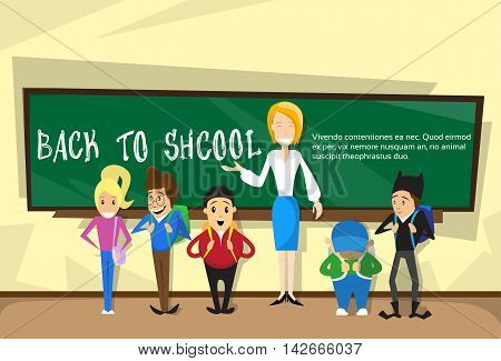 Teacher With Pupils In Class Back To School Education Banner Flat Vector Illustration
