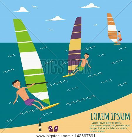 Male surfers riding on waves in the sea. A surfer catches a wave. Surfing character. Cute surfer. Vector illustration in flat. Summer vacation background