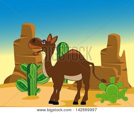 The Cartoon animal camel in desert with cactus.Vector illustration