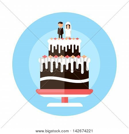 wedding cake with figurines of the newlyweds flat design icon