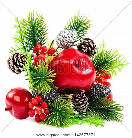 Christmas decoration fir branch pine cones cranberry apple isolated on white background.