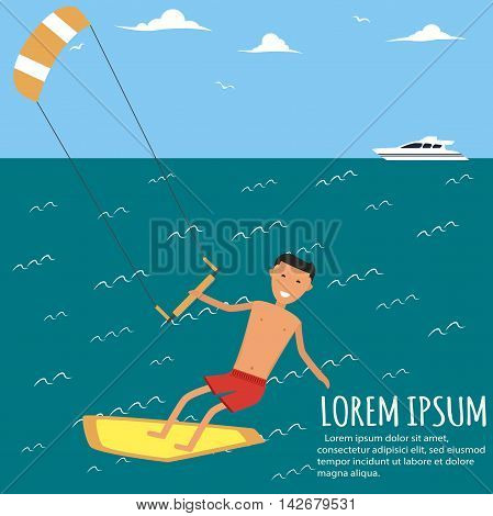 Male kitesurfer riding on waves in the sea. A surfer catches a huge wave. Surfing character. Cute surfer. Vector illustration in flat. Summer vacation background