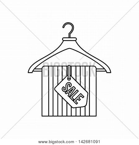 Hanger with sale tag icon in outline style isolated on white background. Sellout symbol vector illustration