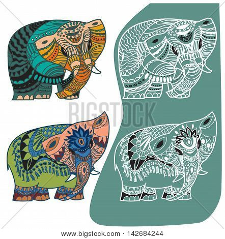 Vector indian elephants set. Stock mehndi set for design on white background.