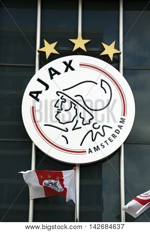 Amsterdam Netherlands-august 14 2016: Logo of ajax on the wall of the Amsterdam Arena